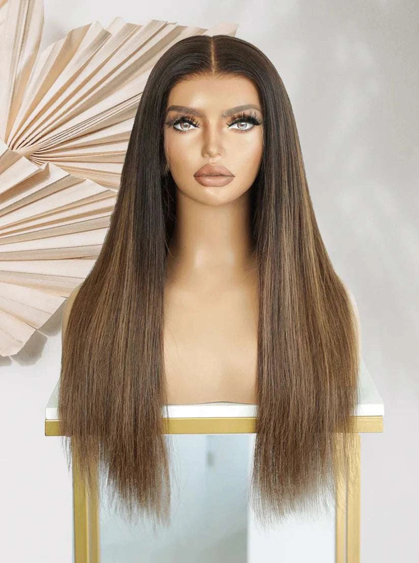 Ready-to-wear wig, long straight medium brown hair with center part