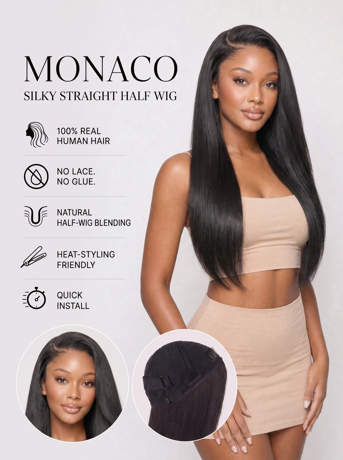 The Monaco-Silky Straight half wig