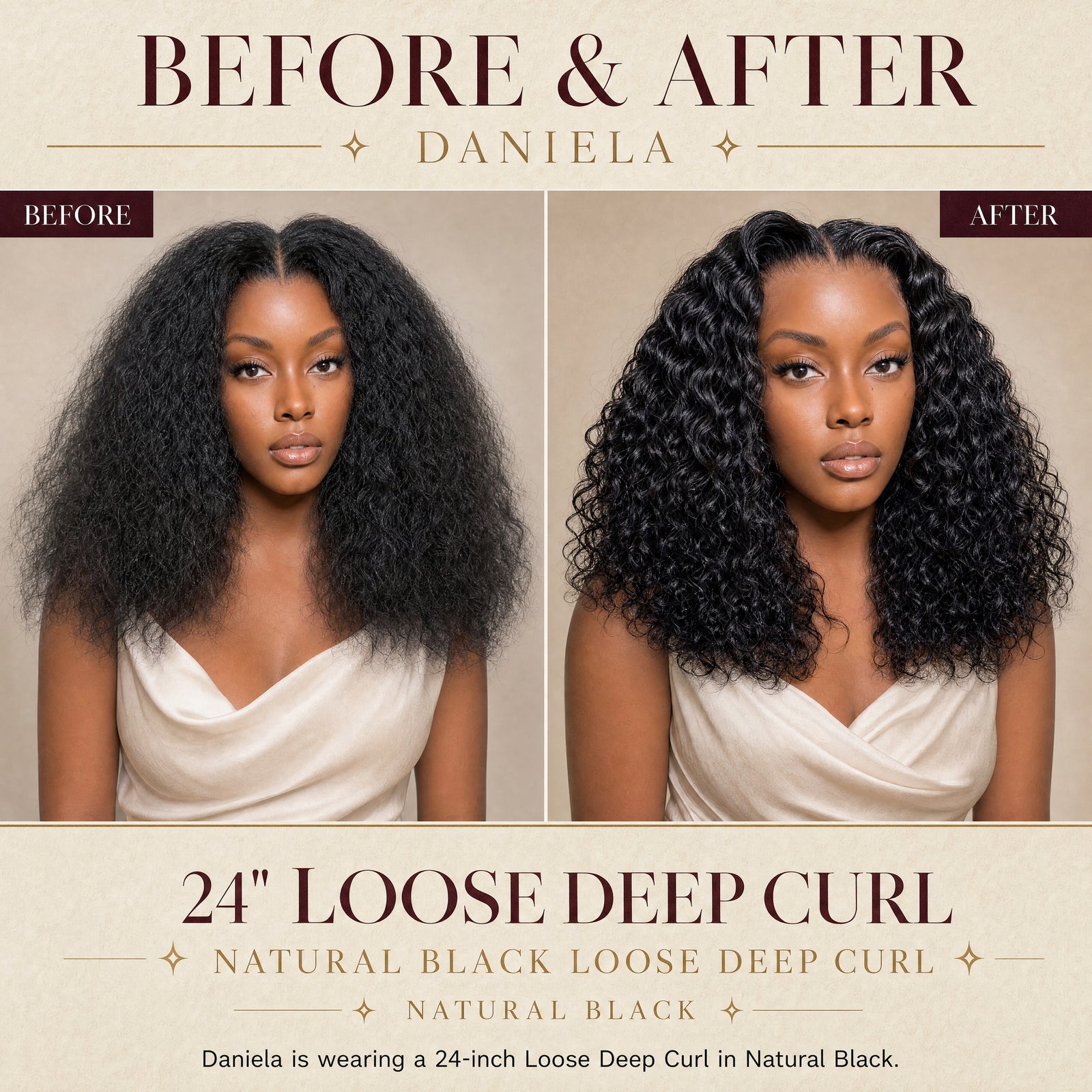 Black lace front wig with loose deep curl texture shown before and after styling