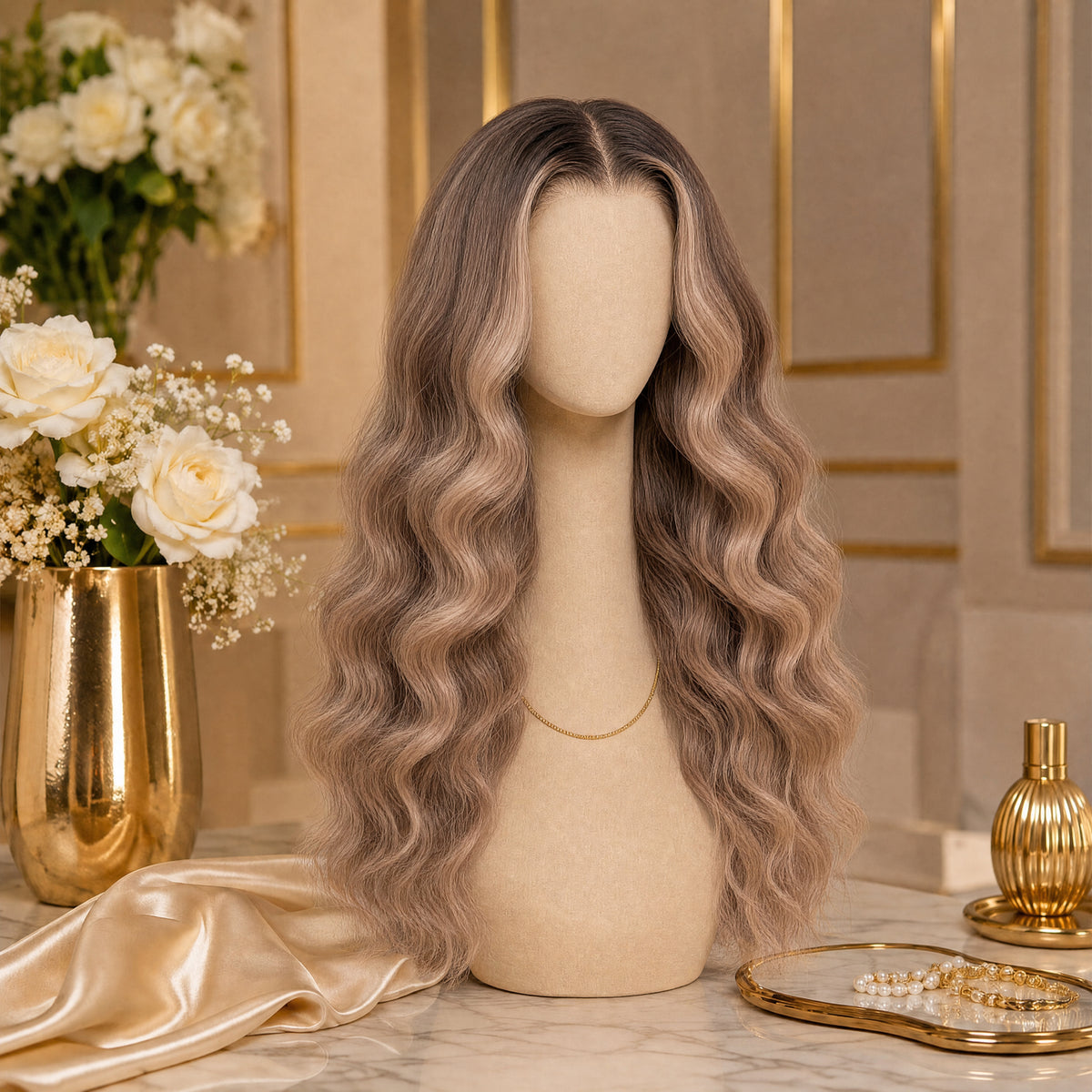 Serena lace wig on mannequin, long wavy hair in blended beige-brown tones