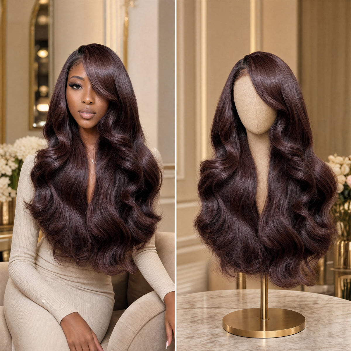 Long lace wig showing front and back views of dark brown body waves
