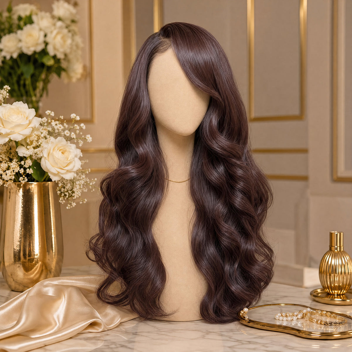 Long body-wave lace wig in deep brown, center part with loose flowing waves