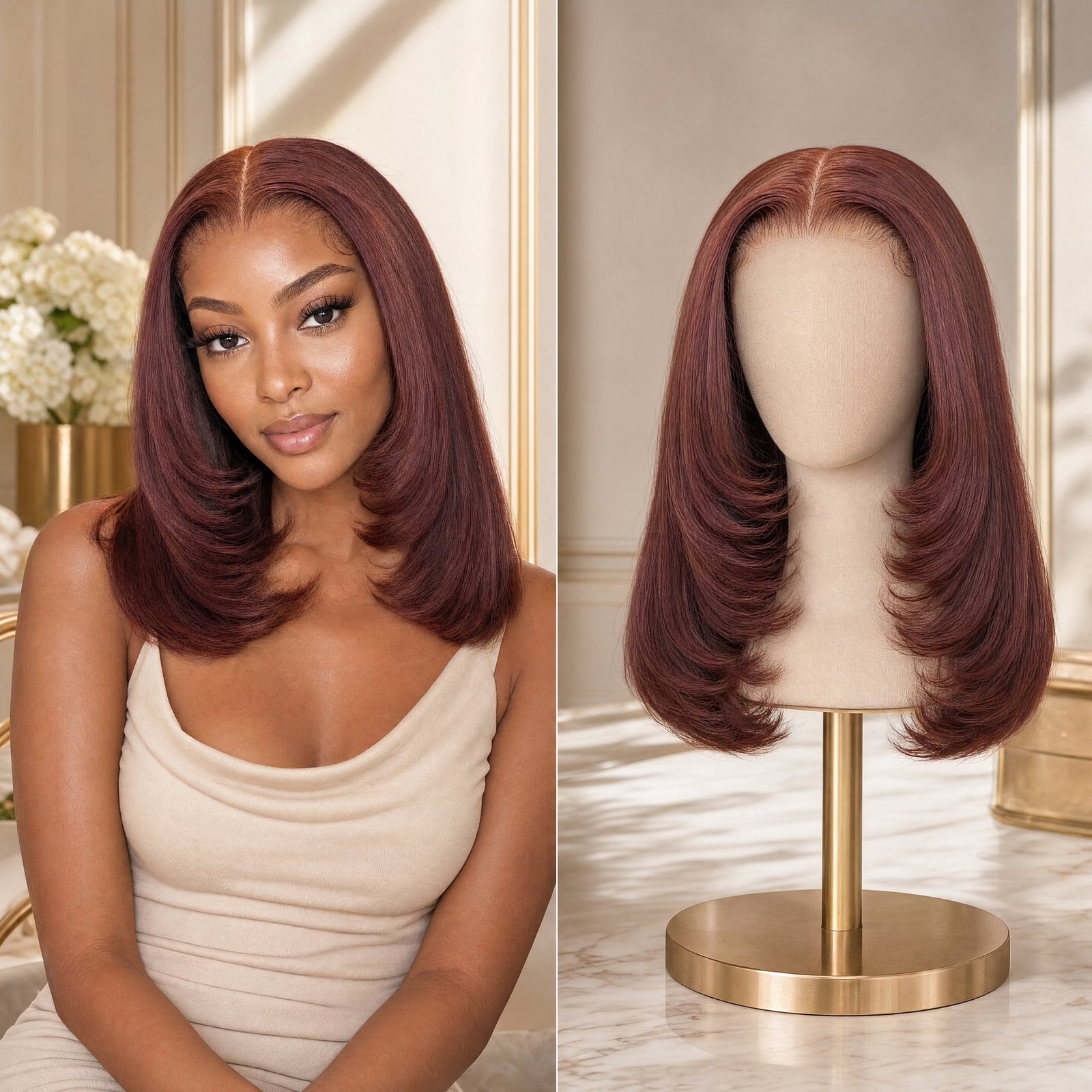 Sariyah lace wig in burgundy, sleek bob with curved hairline and smooth, loose waves.