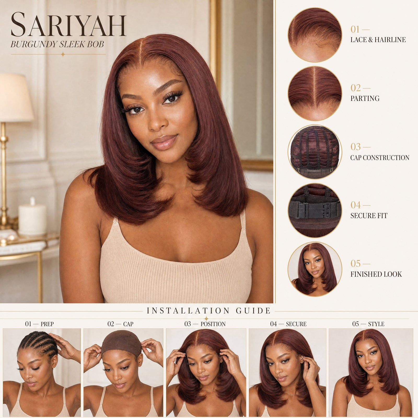 Sariyah lace wig in burgundy, sleek bob on model with center part and soft layered waves.