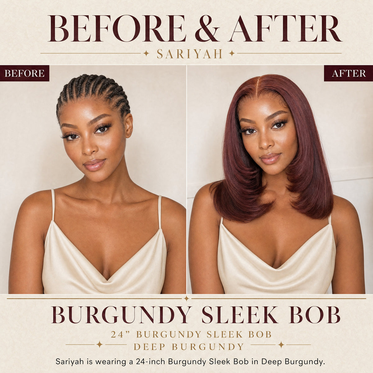 Sariyah lace wig in burgundy, sleek bob with smooth, side-parted waves on model.