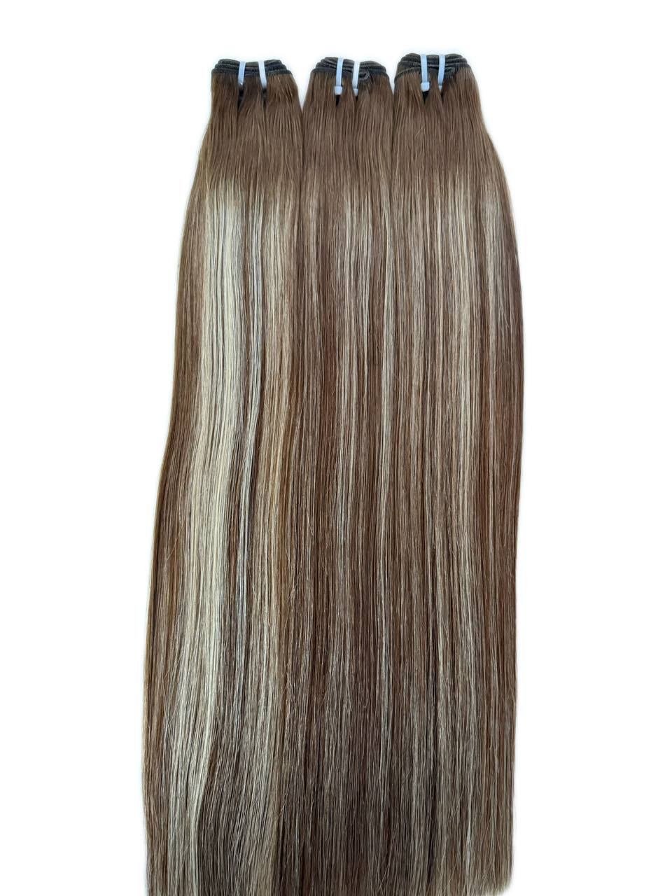 Clip-in hair extensions bundle, dark brown with cool gray highlights and clips