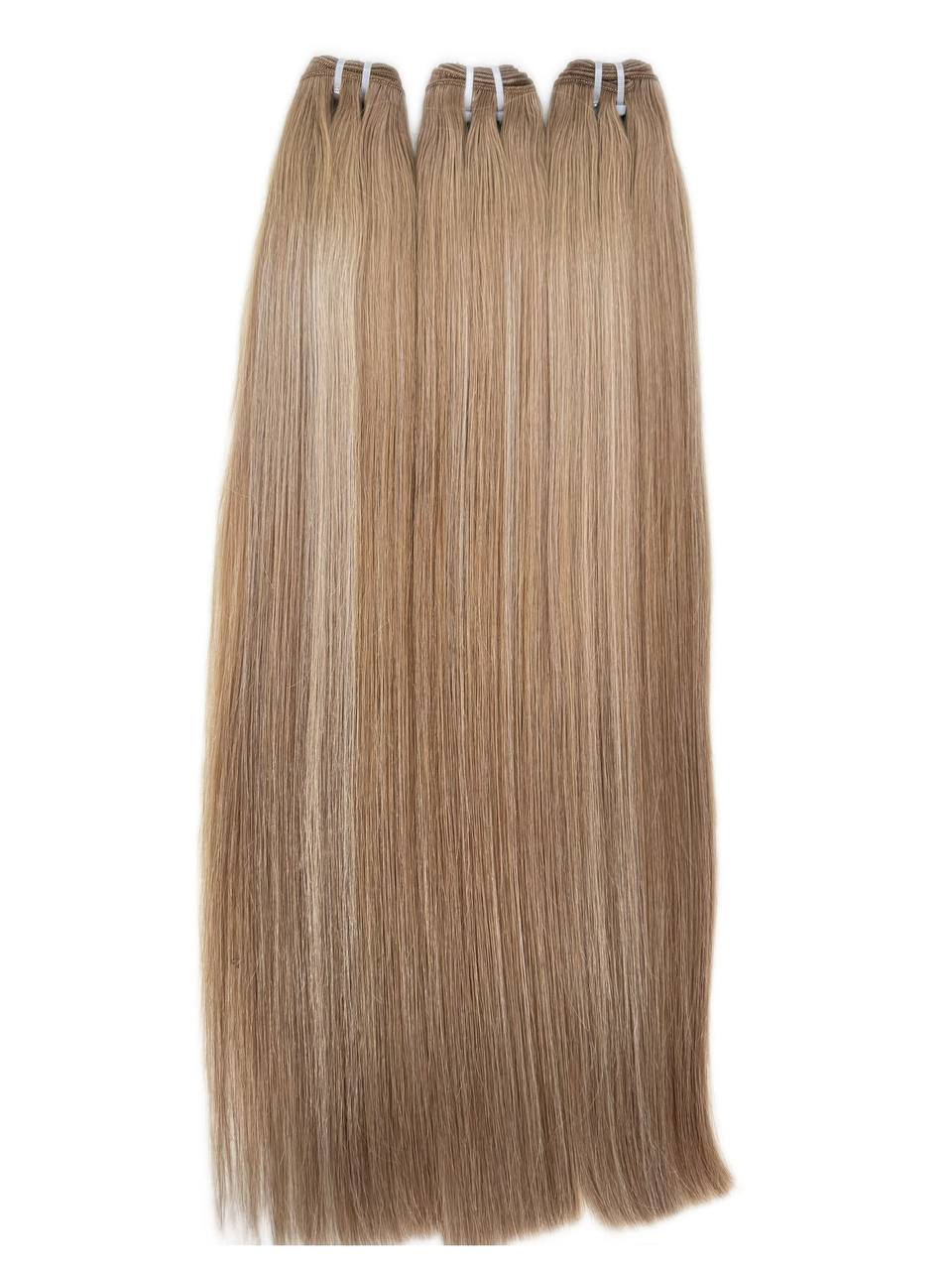 Straight highlighted hair extensions bundle in medium light brown with blonde blend