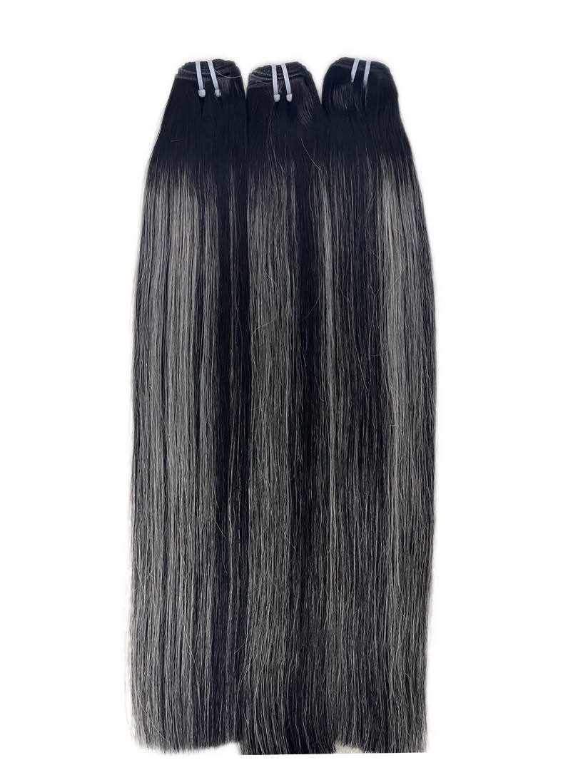 Highlighted straight hair bundles in deep brown with gray-toned streaks