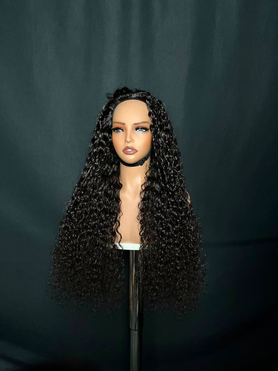 Curly black half wig with long ringlet curls and center part