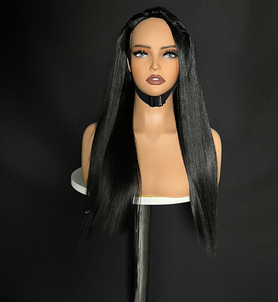 Black silky straight half wig with center part