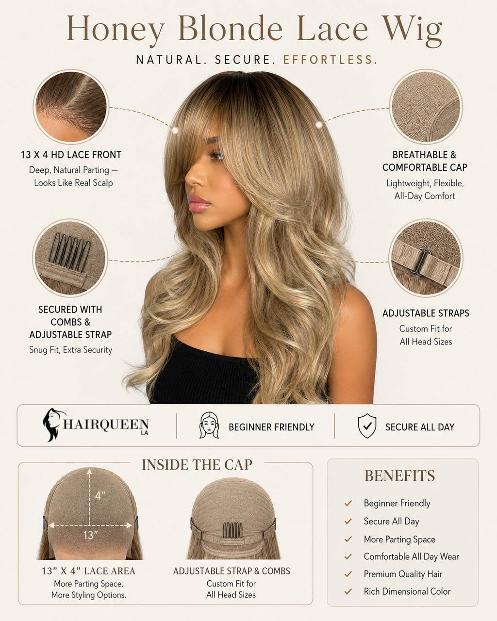Synthetic lace wig with honey-blonde long loose waves and side part