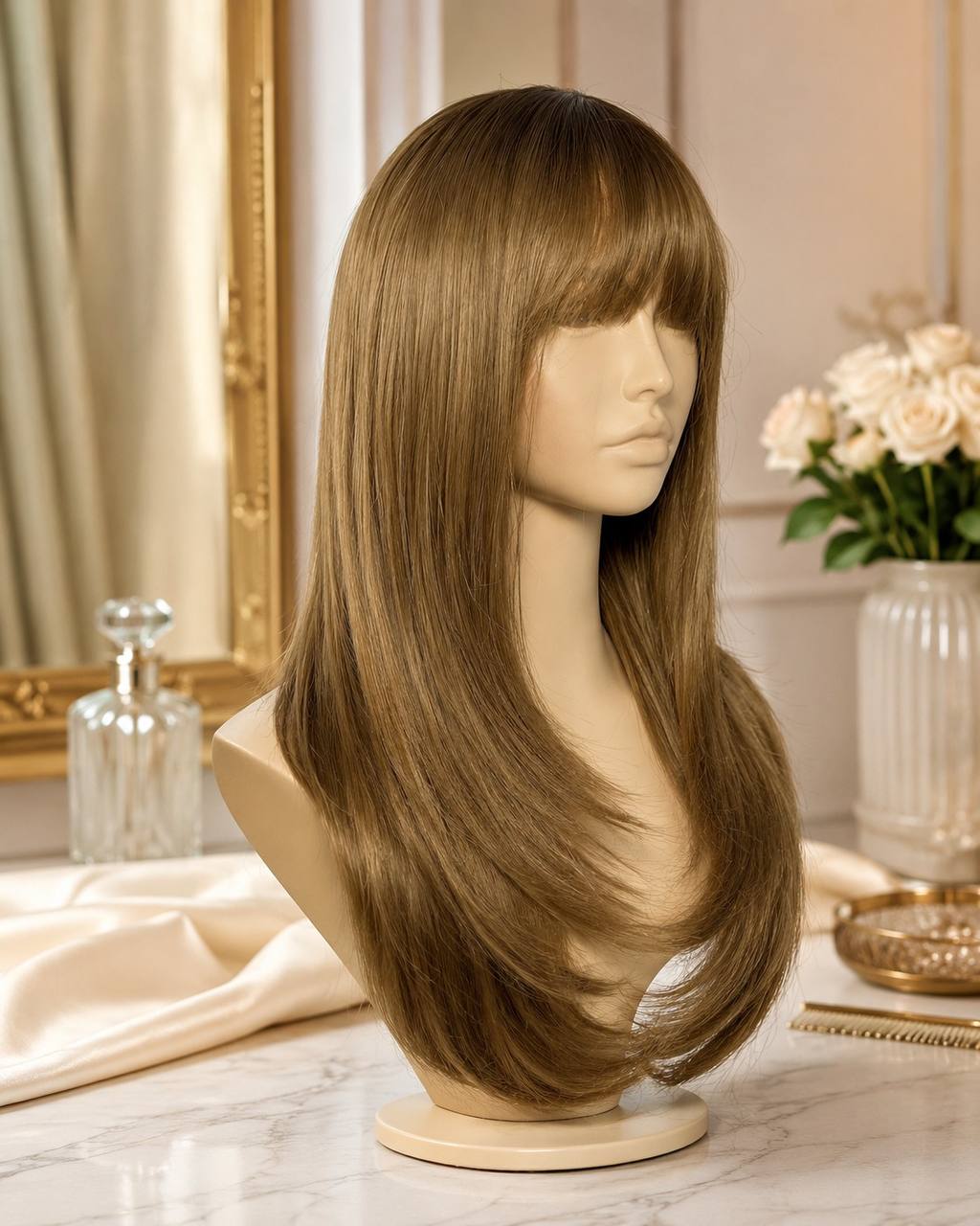 Caramel-brown synthetic lace wig on stand, long straight hair with blunt bangs