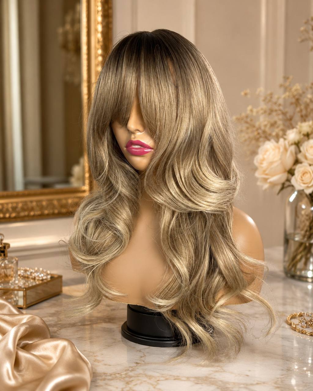 Long wavy synthetic lace wig in ash-honey blonde with fringe and soft layers.
