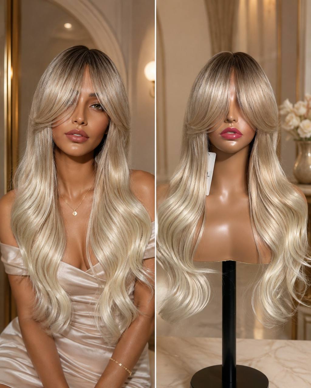 Synthetic lace wig, long ivory-blonde waves with blunt fringe bangs