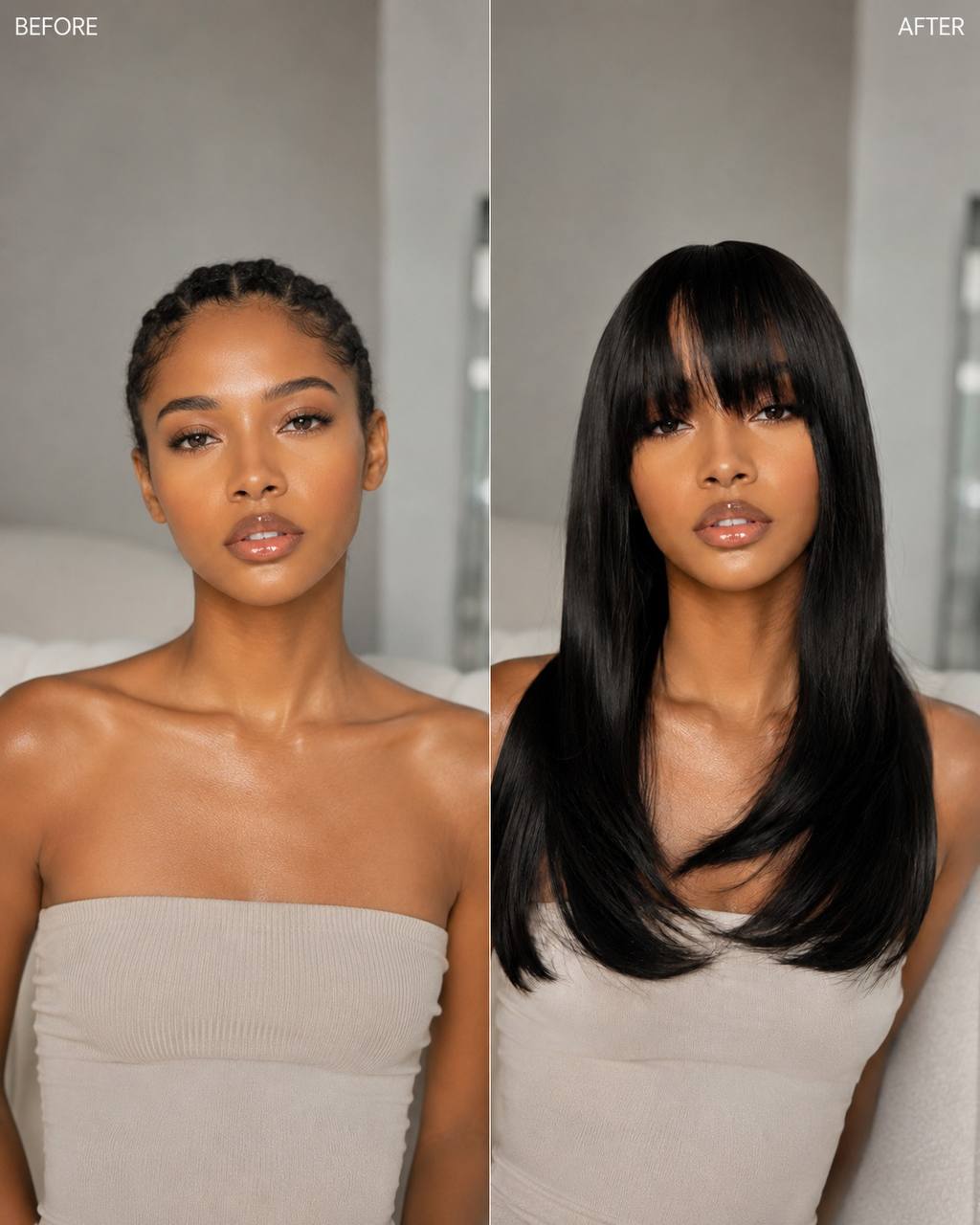 Midnight synthetic lace wig on model, medium-length straight black hair with blunt bangs