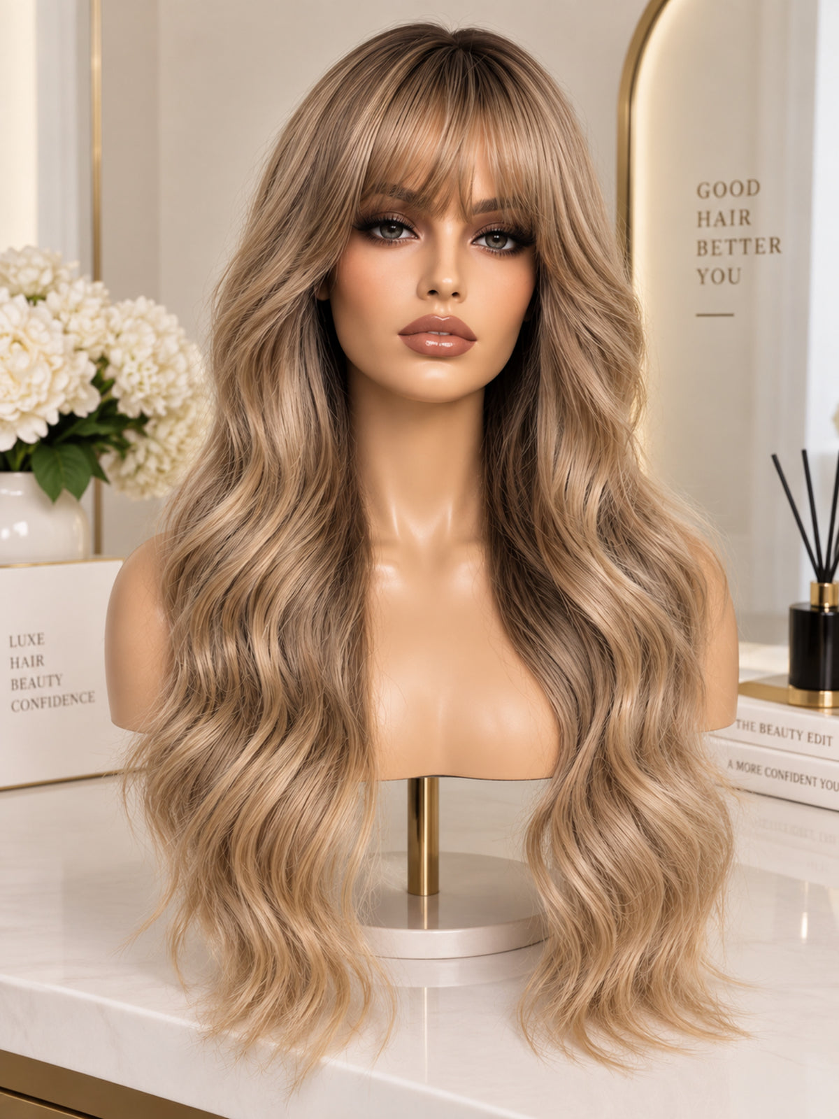 Medium Ash Blonde Synthetic Blend Wig with Bangs