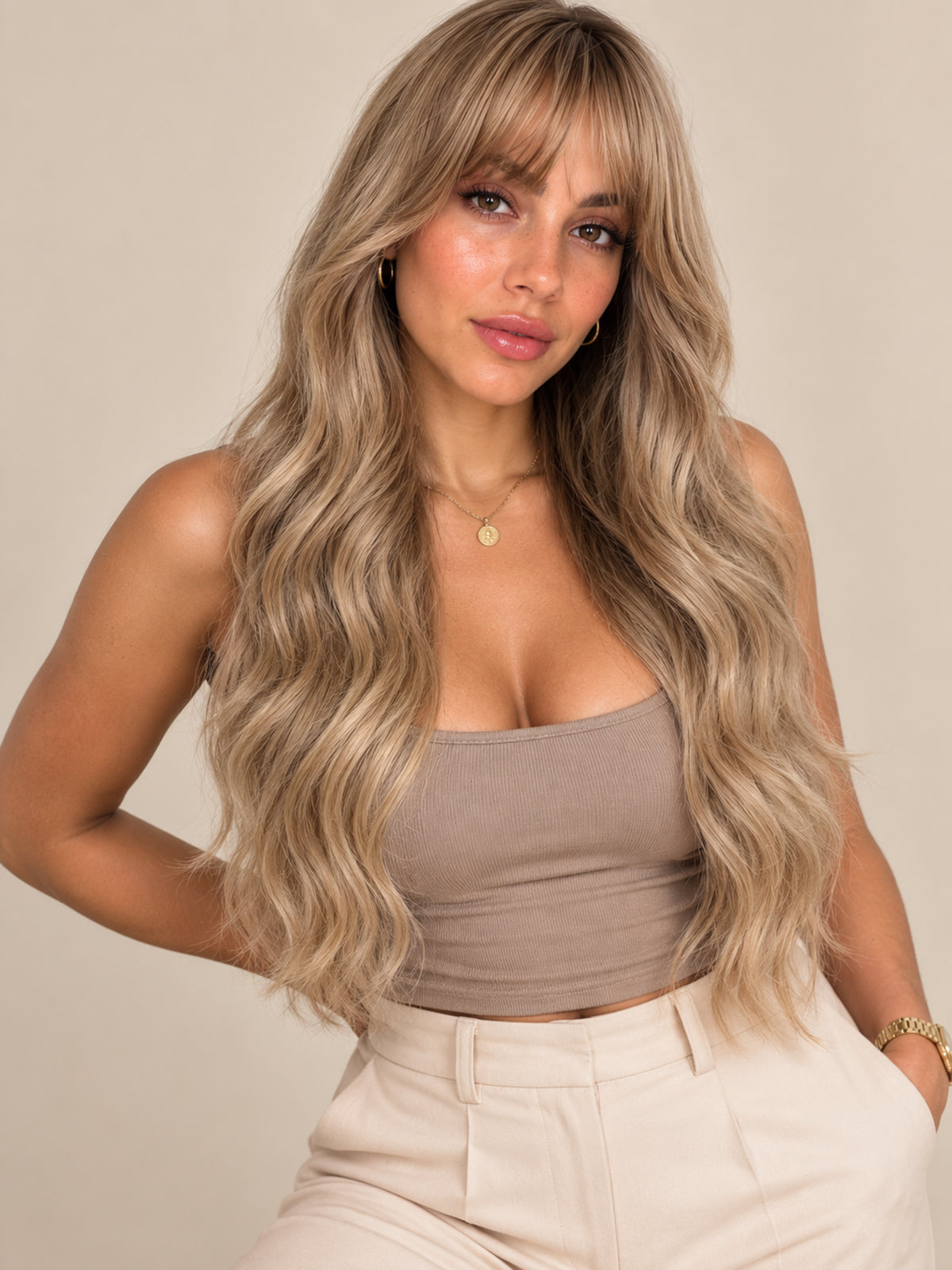 Medium Ash Blonde Synthetic Blend Wig with Bangs