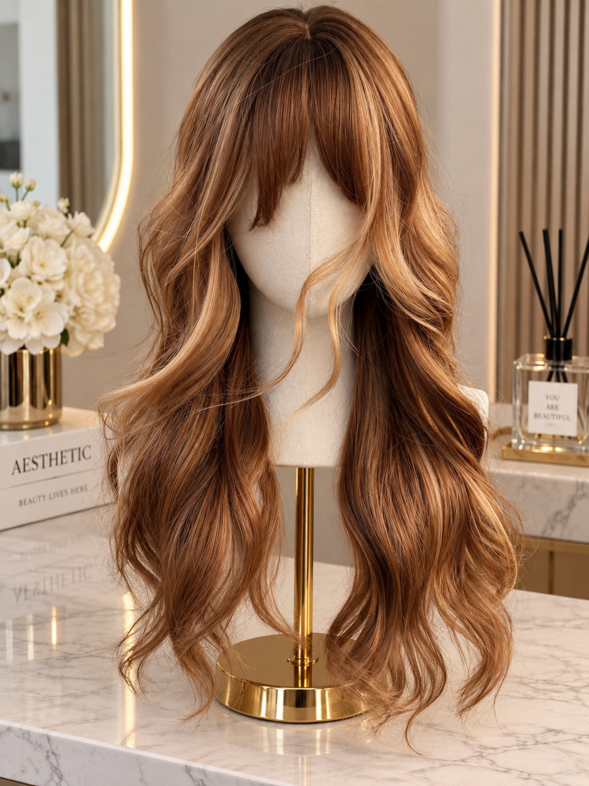 Long Auburn Wavy Synthetic Blend Wig with Bangs and Highlights