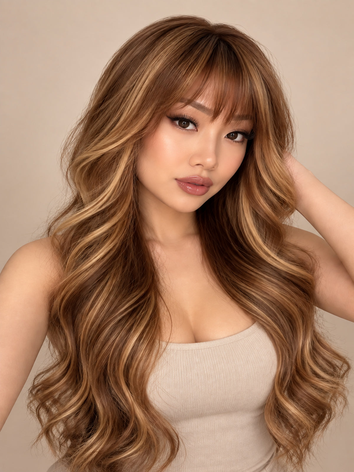 Long Auburn Wavy Synthetic Blend Wig with Bangs and Highlights