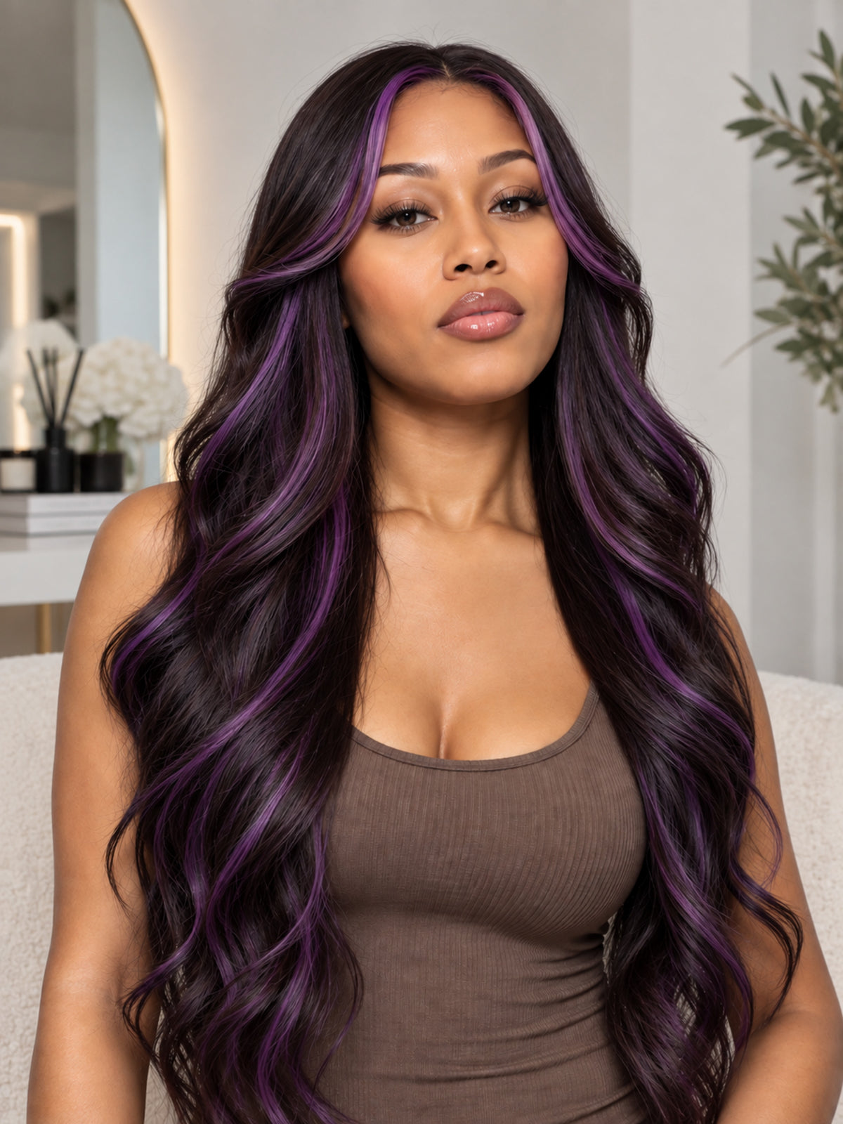 Long Black and Purple Highlighted Synthetic Blend Wavy Wig