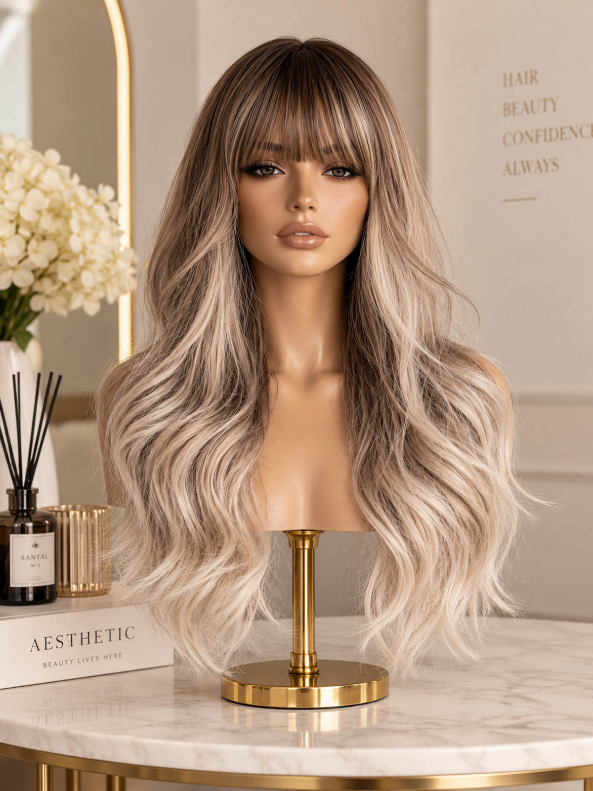 Long wavy highlighted wig with bangs, ash blonde and brown tones