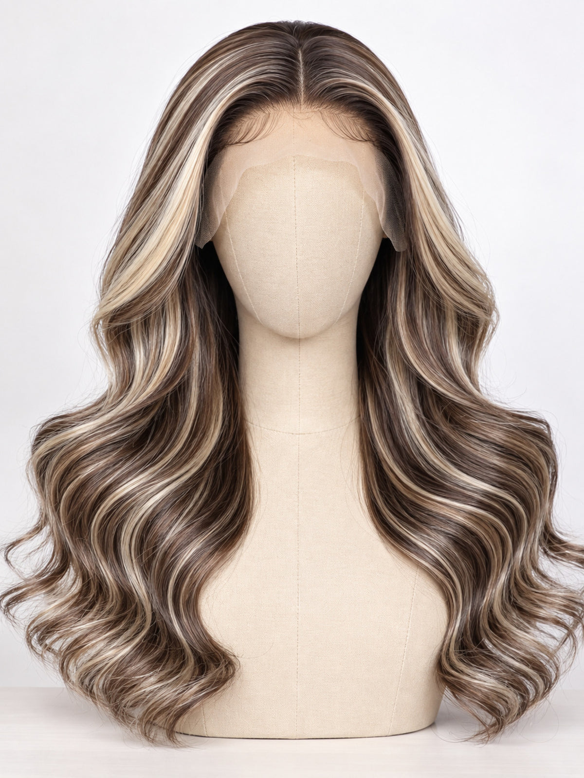Long Brown Curly Synthetic Blend Wig with Platinum Blonde Highlights