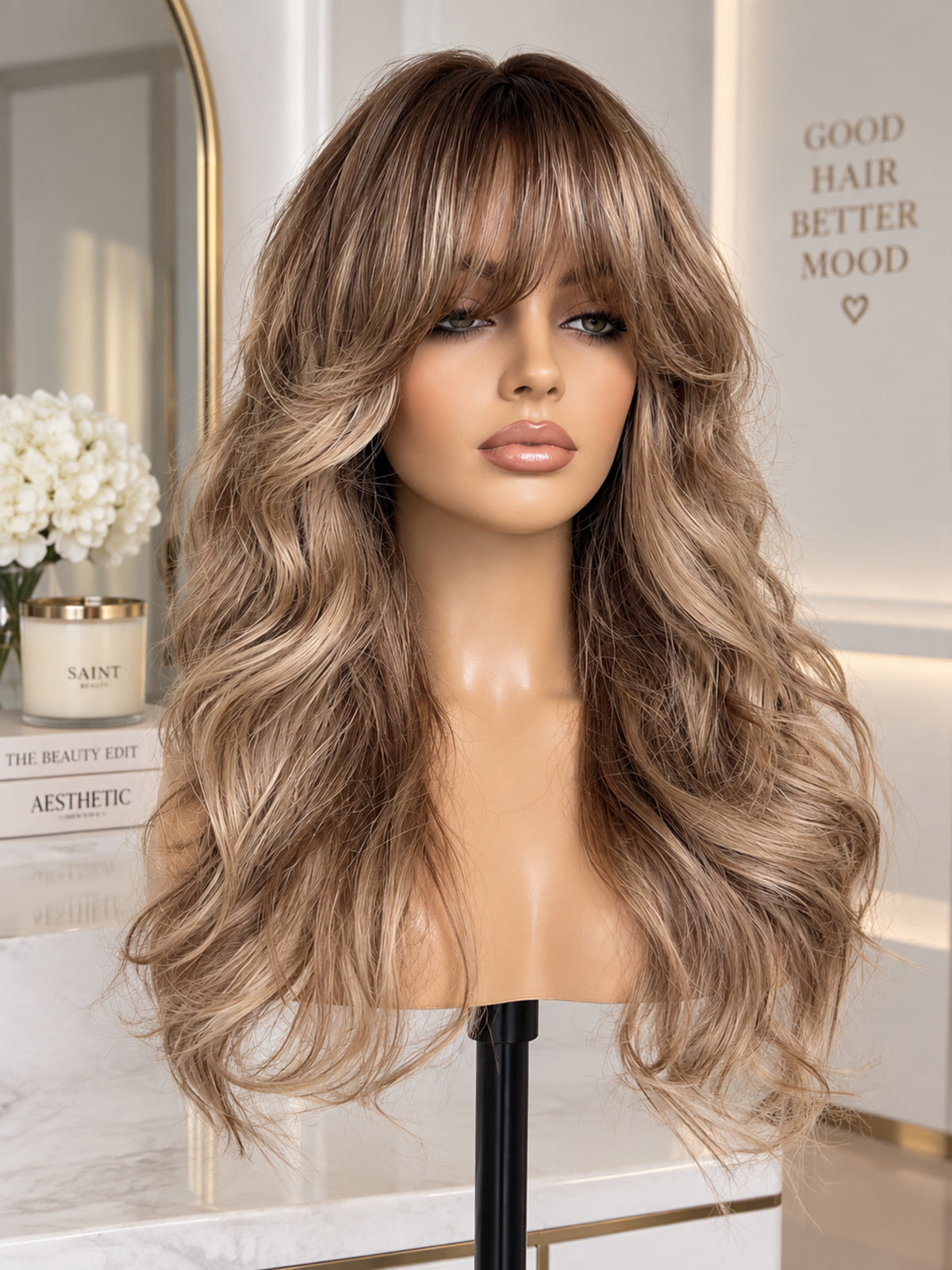 Long Caramel Blonde Curly Synthetic Blend Wig with Bangs