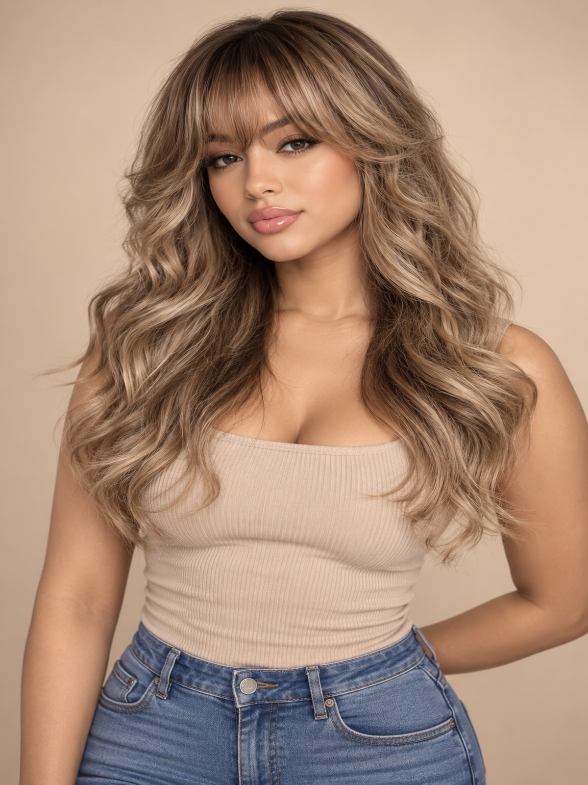 Long caramel blonde curly synthetic wig with fringe bangs, wavy volume