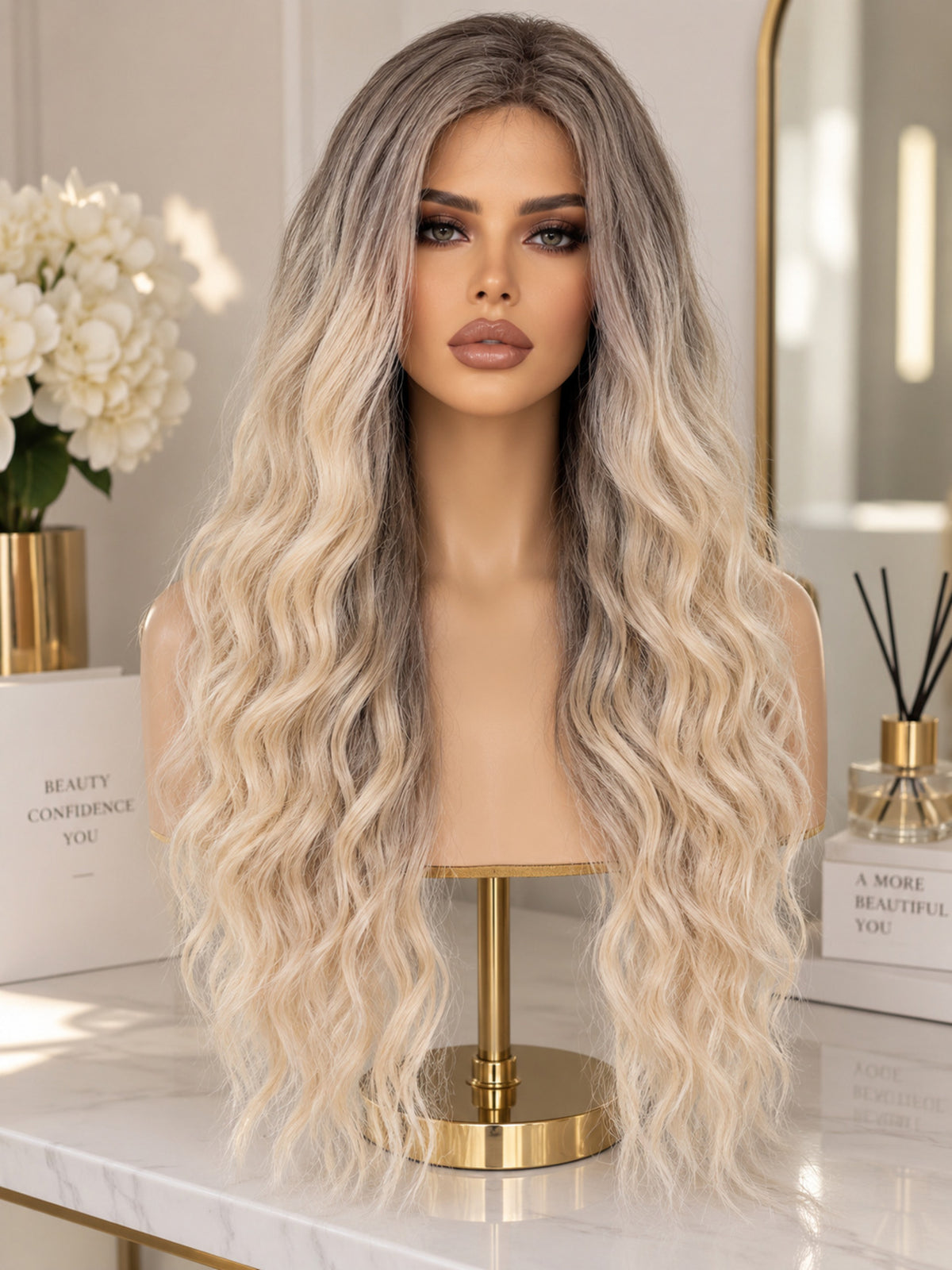 Crimped Blonde Ombre with Dark Roots Synthetic Blend Wig