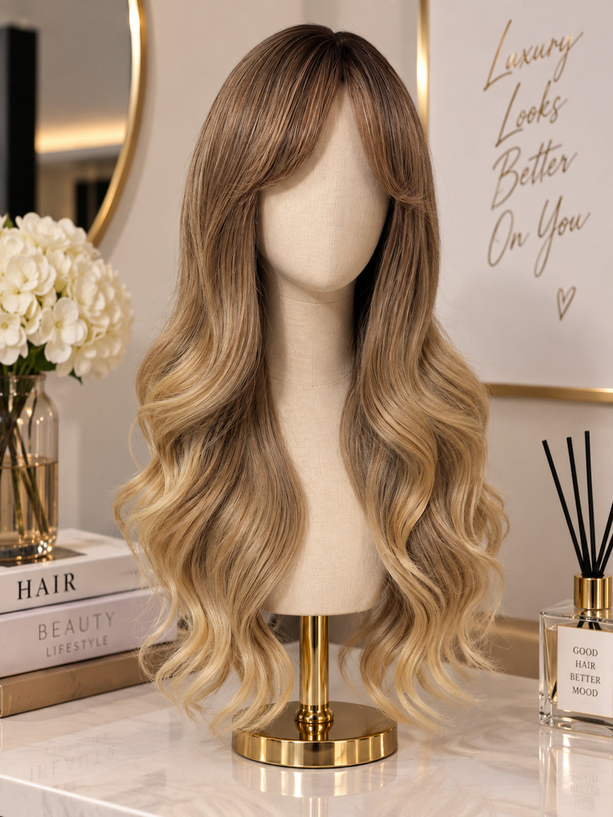 Dark Blonde Wavy Synthetic Blend Wig with Bangs