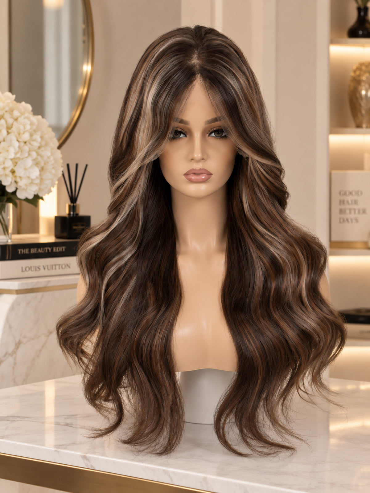 Long Dark Brown Highlighted Curly Synthetic Blend Wig