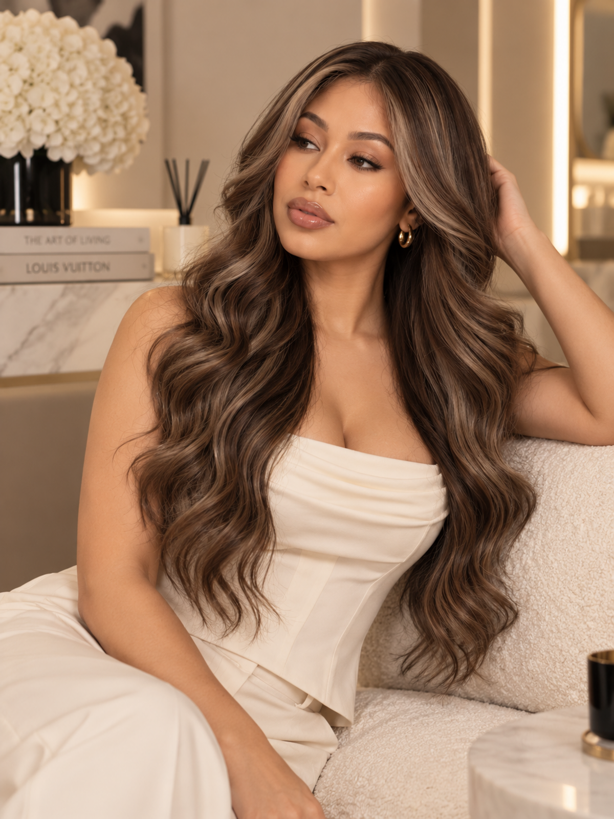 Long Dark Brown Highlighted Curly Synthetic Blend Wig