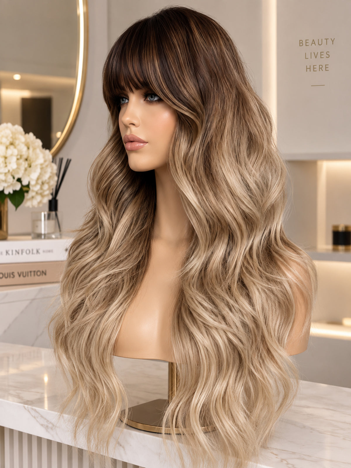 Long wavy synthetic wig with dark roots, dirty blonde waves and side bangs