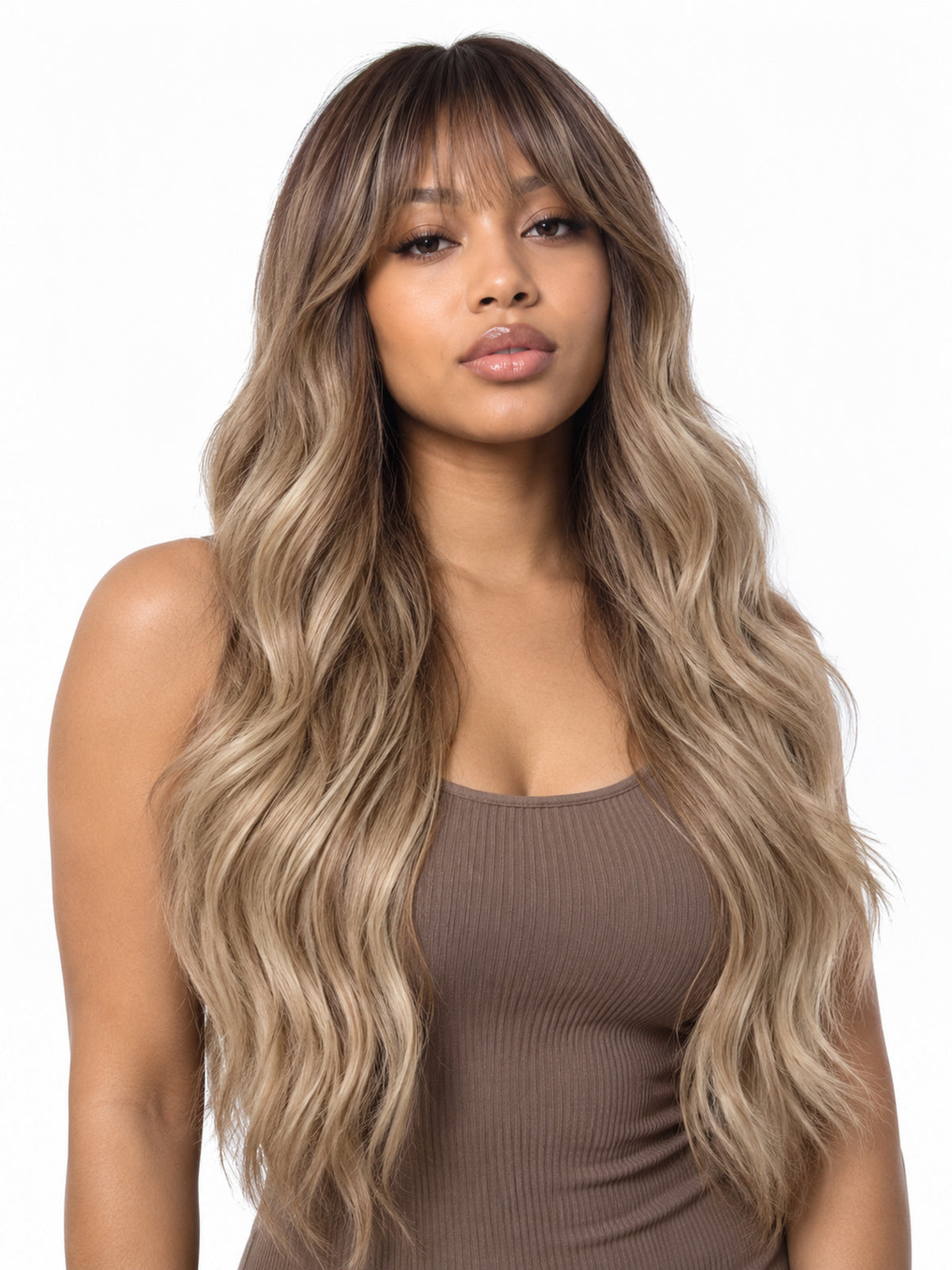Long Dirty Blonde Wavy Synthetic Blend Wig with Dark Roots and Bangs