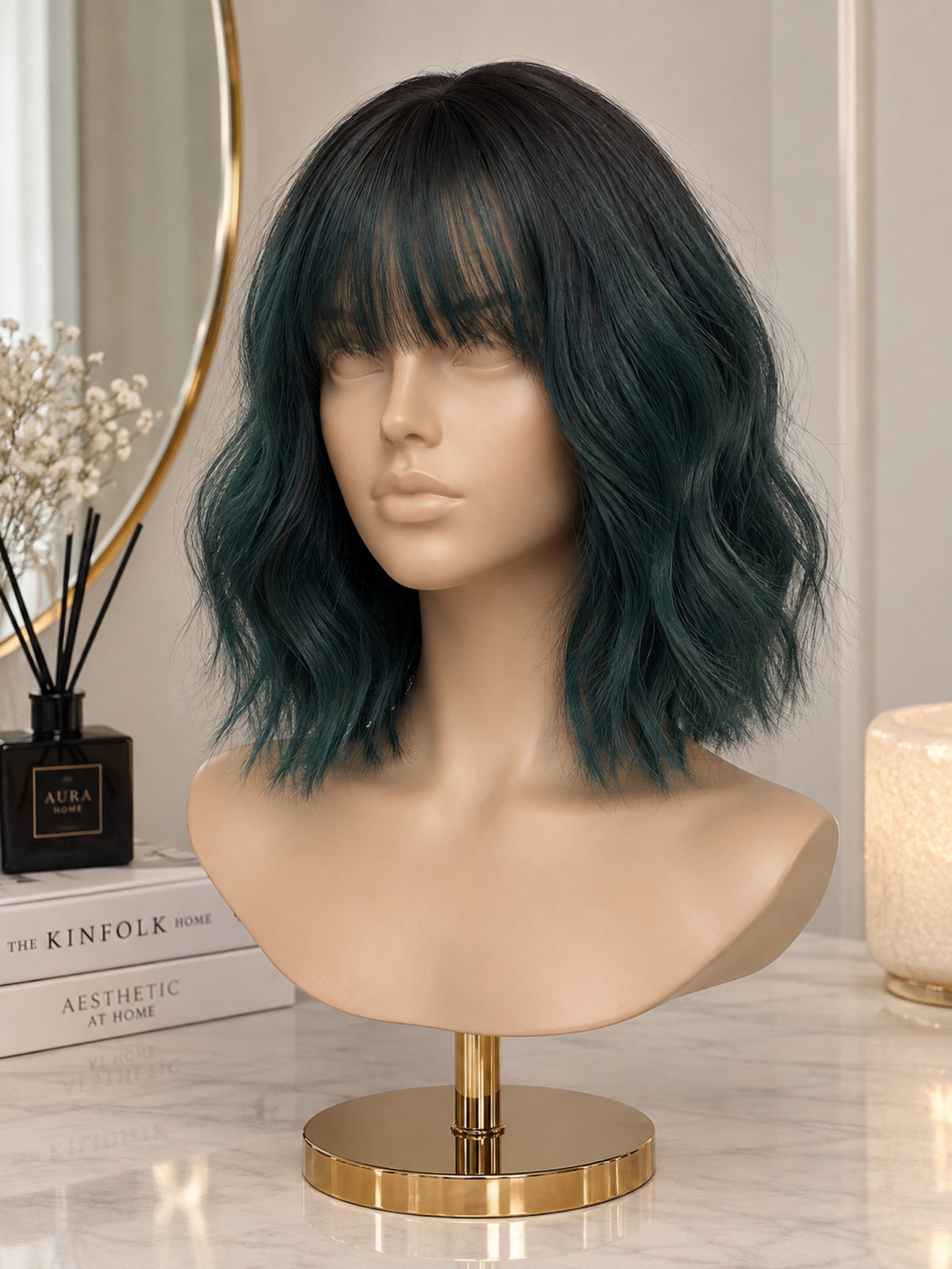 Short Wavy Emerald Green Bob with Bangs Synthetic Blend Wig