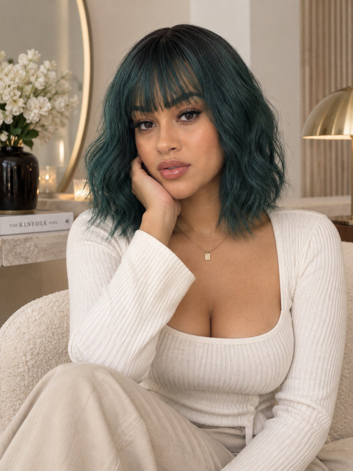 Short Wavy Emerald Green Bob with Bangs Synthetic Blend Wig