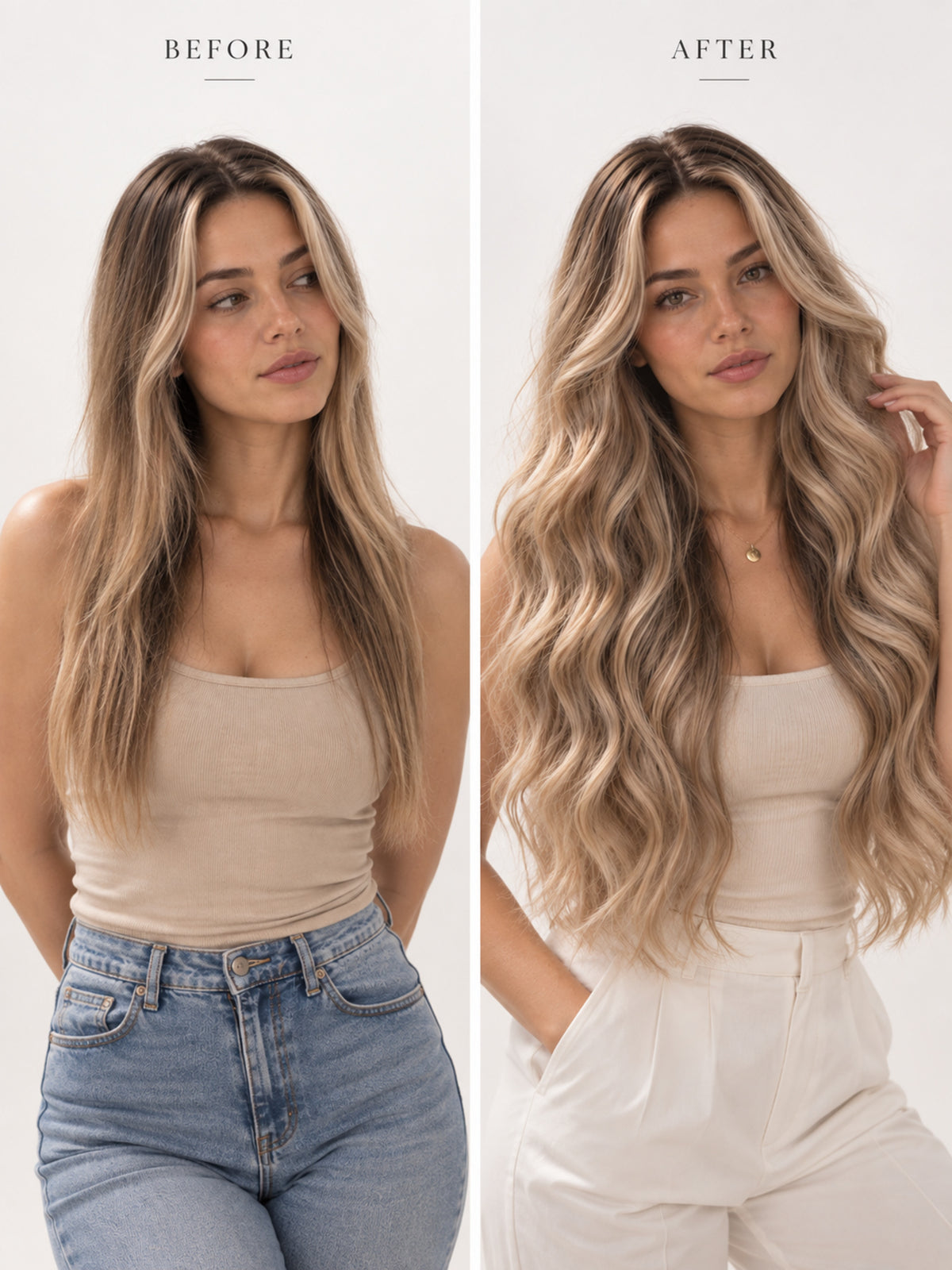 Before-and-after view of long highlighted blonde wig with loose waves and center part