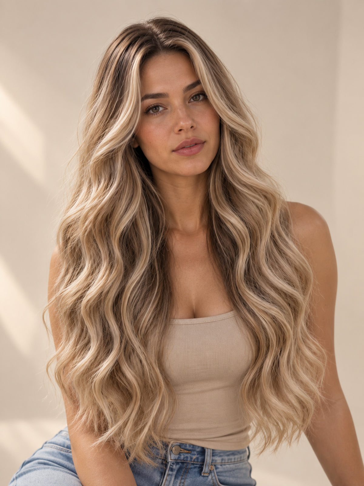 Long blonde wig with soft waves and highlighted strands, center part, synthetic fiber