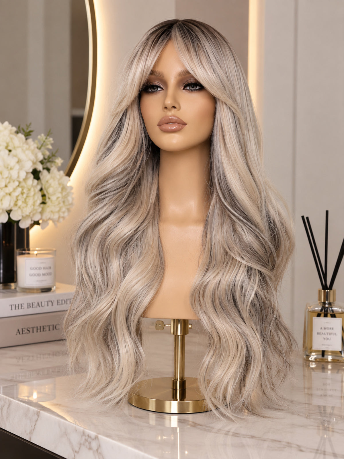 Long Icy Blonde Synthetic Blend Wig with Curtain Bangs