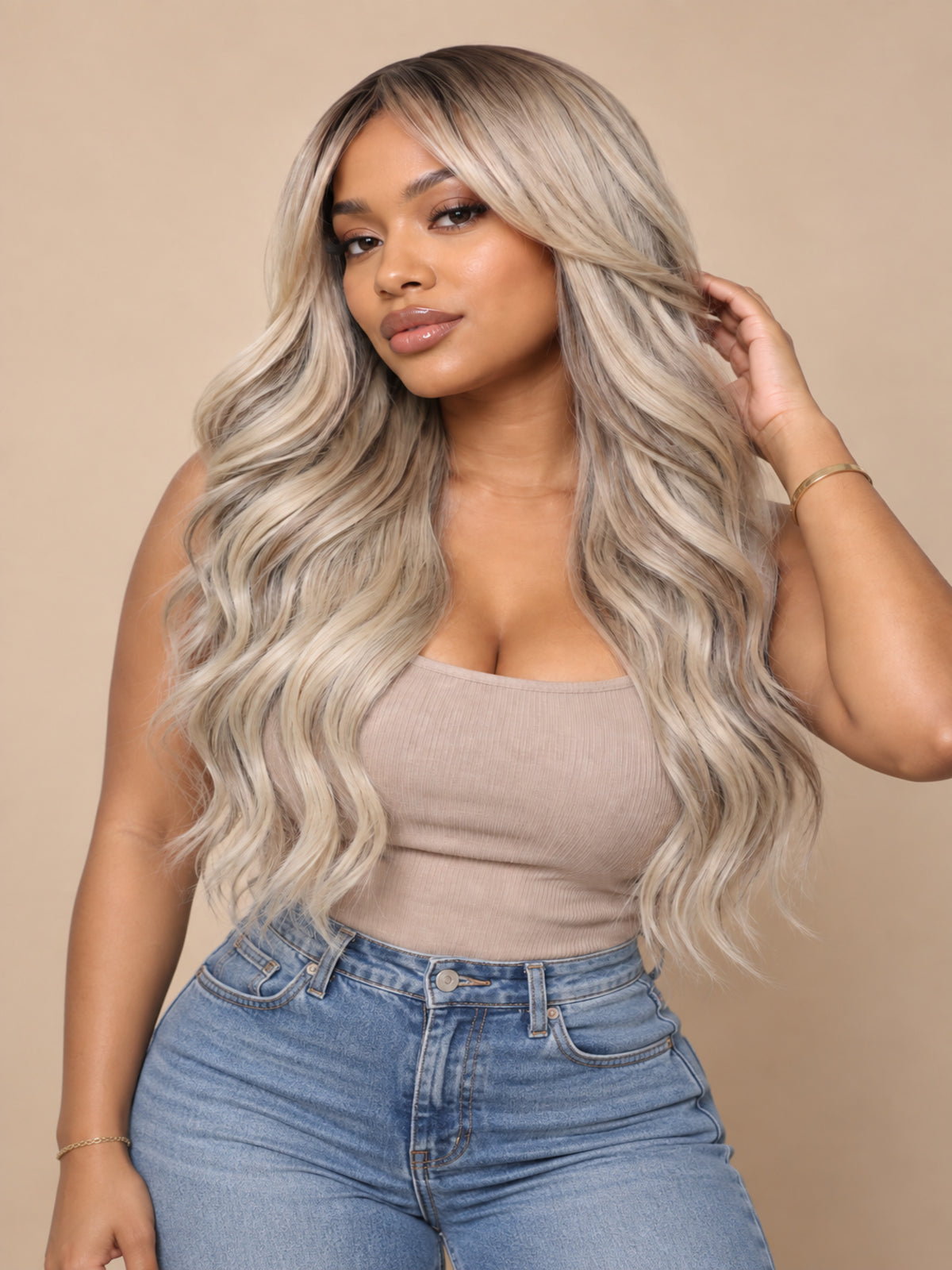 Long Icy Blonde Synthetic Blend Wig with Curtain Bangs