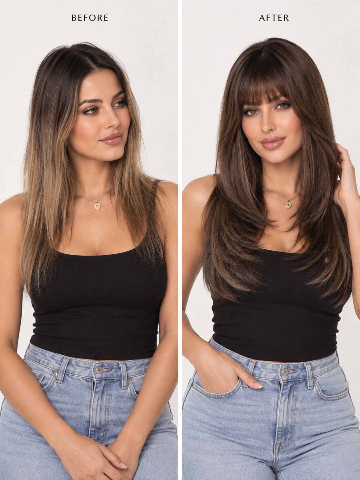 Layered Bang Brown with Blonde Highlights Synthetic Blend Wig