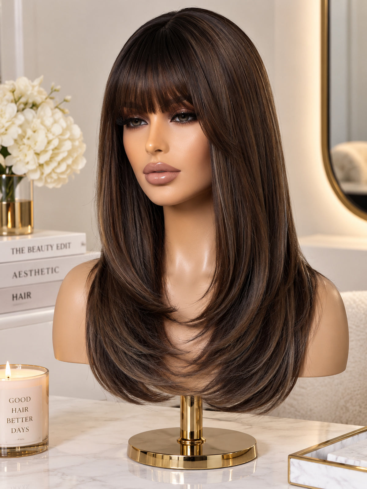 Dark brown synthetic wig with blonde highlights, blunt bangs, smooth layered length