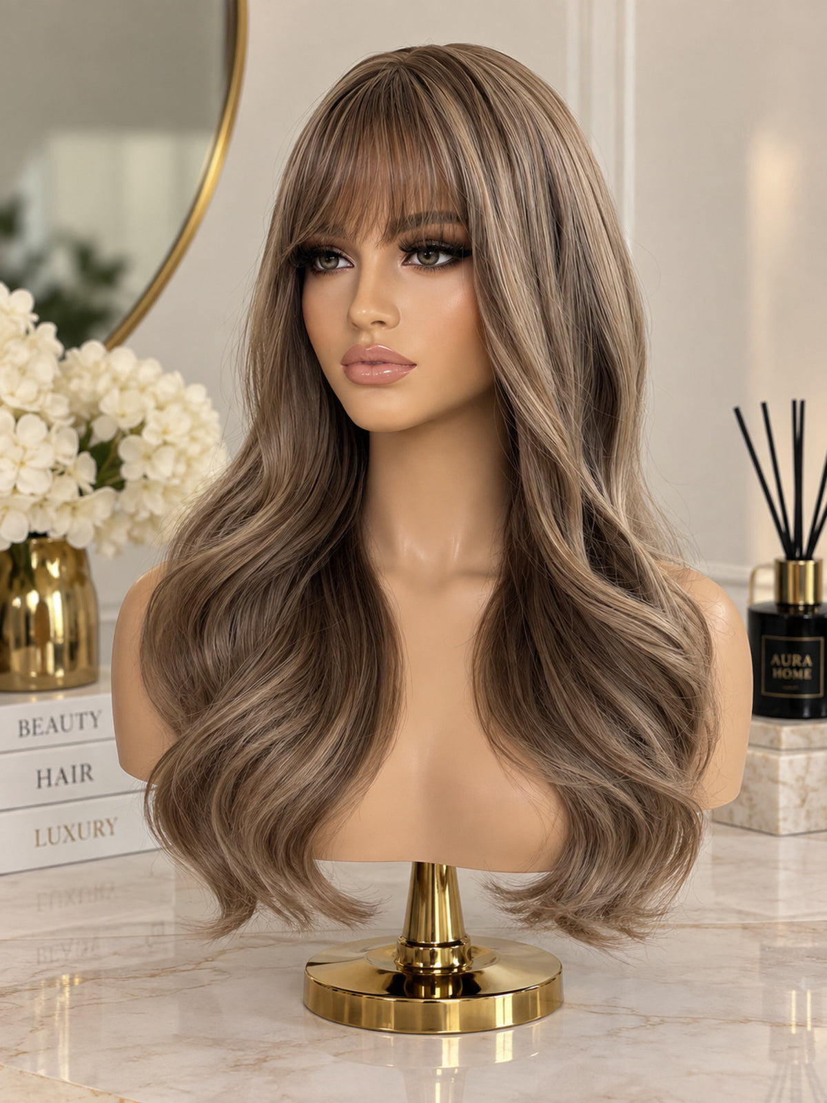 20' Light Brown Wavy Wig with Bangs – Synthetic Blend