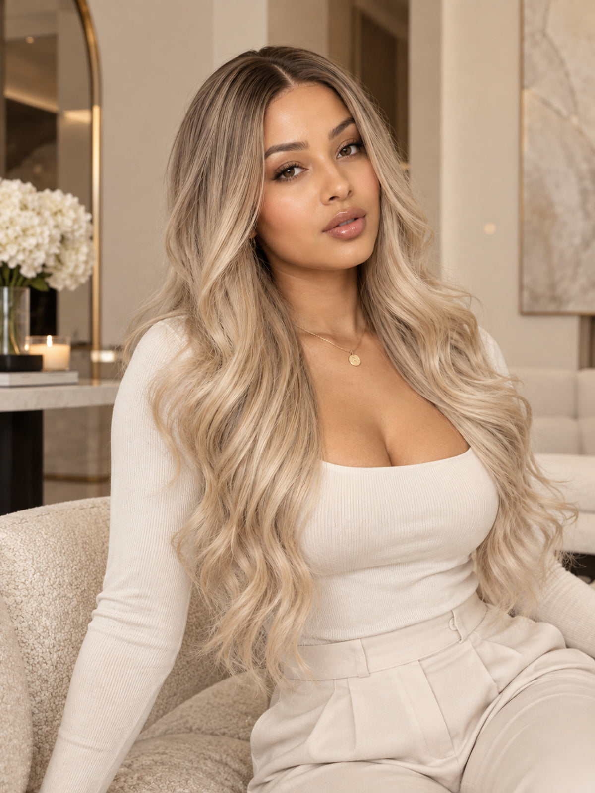 Long Blonde Wavy with Dark Roots Synthetic Blend Wig