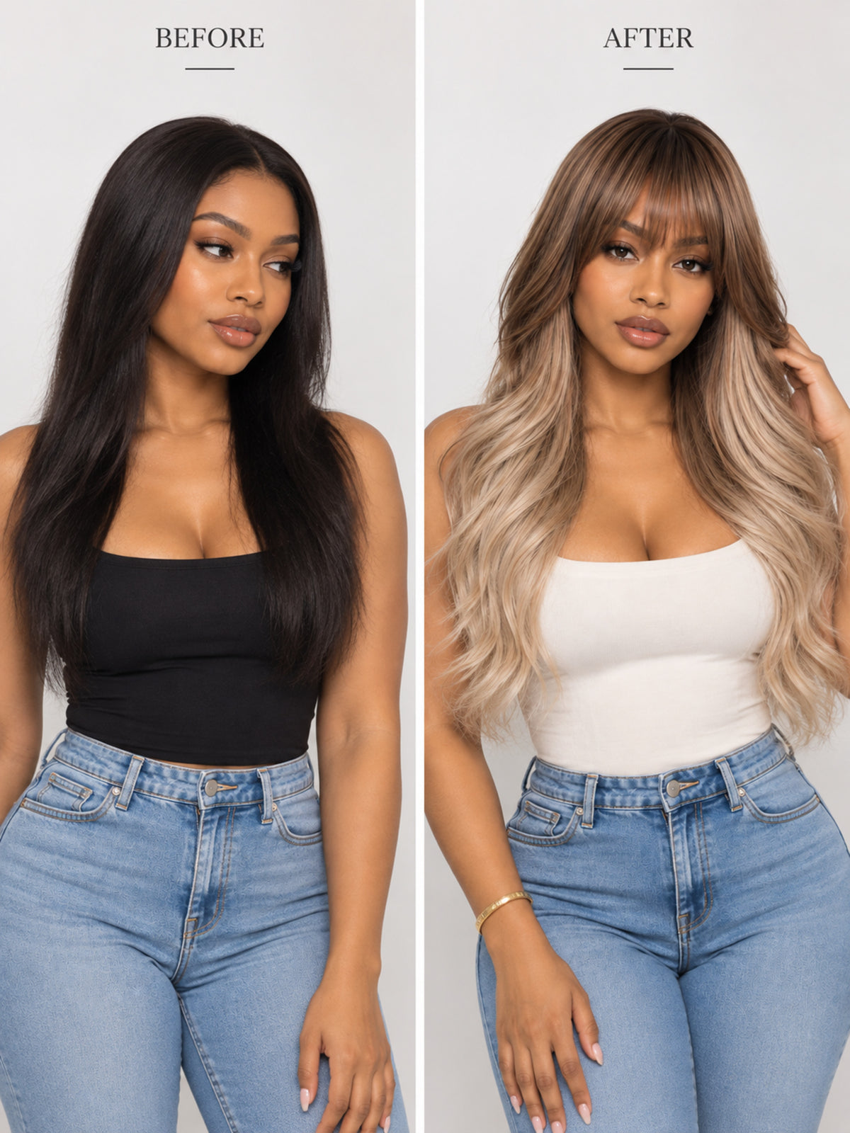 Long Blonde and Brown Wavy Synthetic Blend Wig with Bangs