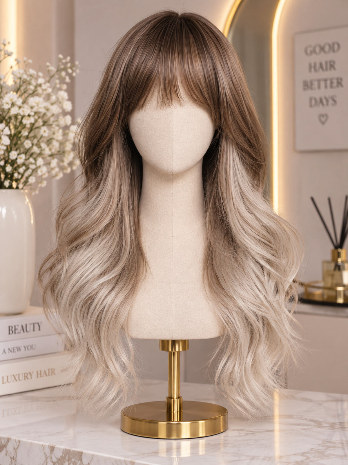 Long Blonde and Brown Wavy Synthetic Blend Wig with Bangs
