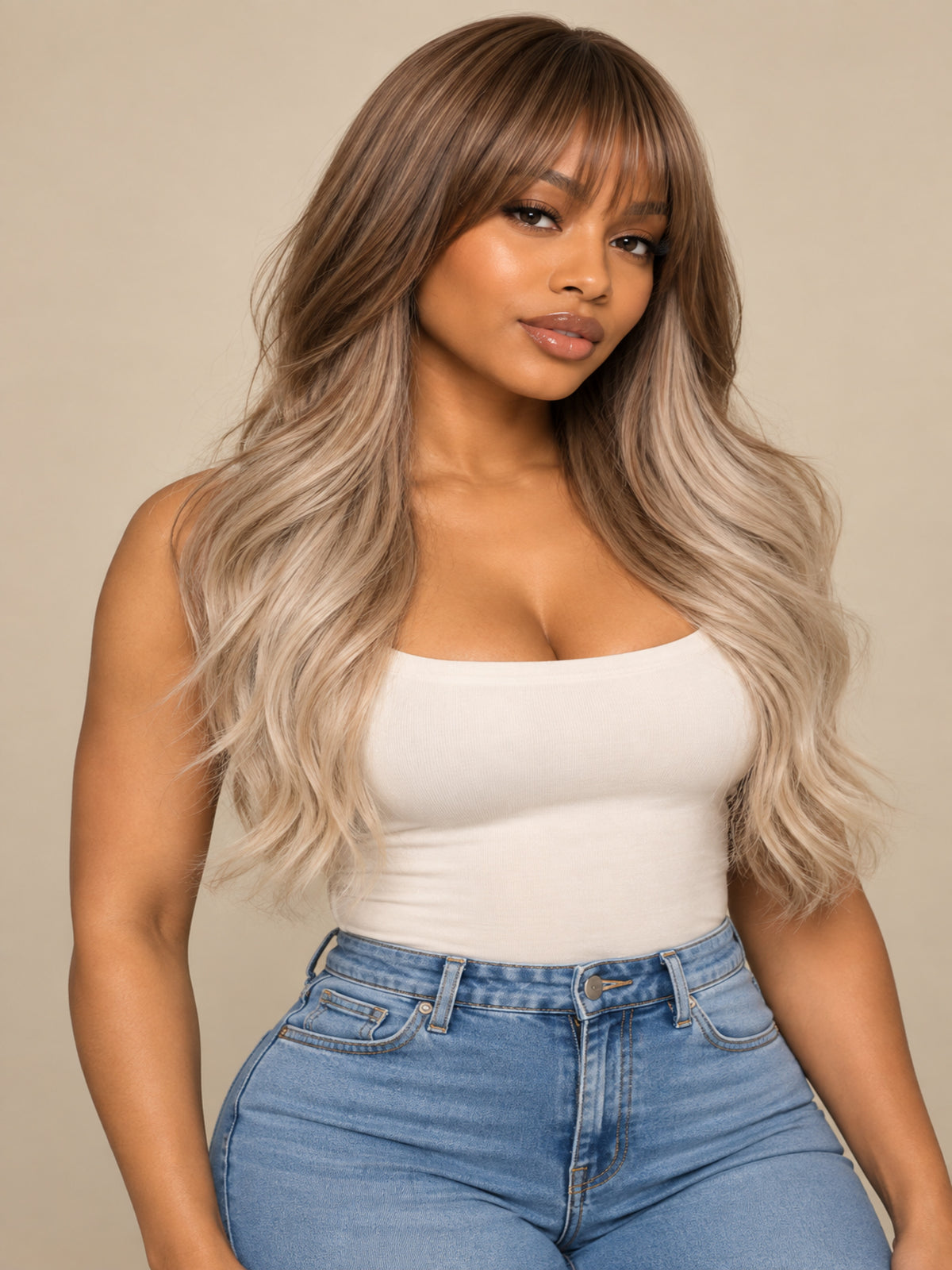 Long Blonde and Brown Wavy Synthetic Blend Wig with Bangs