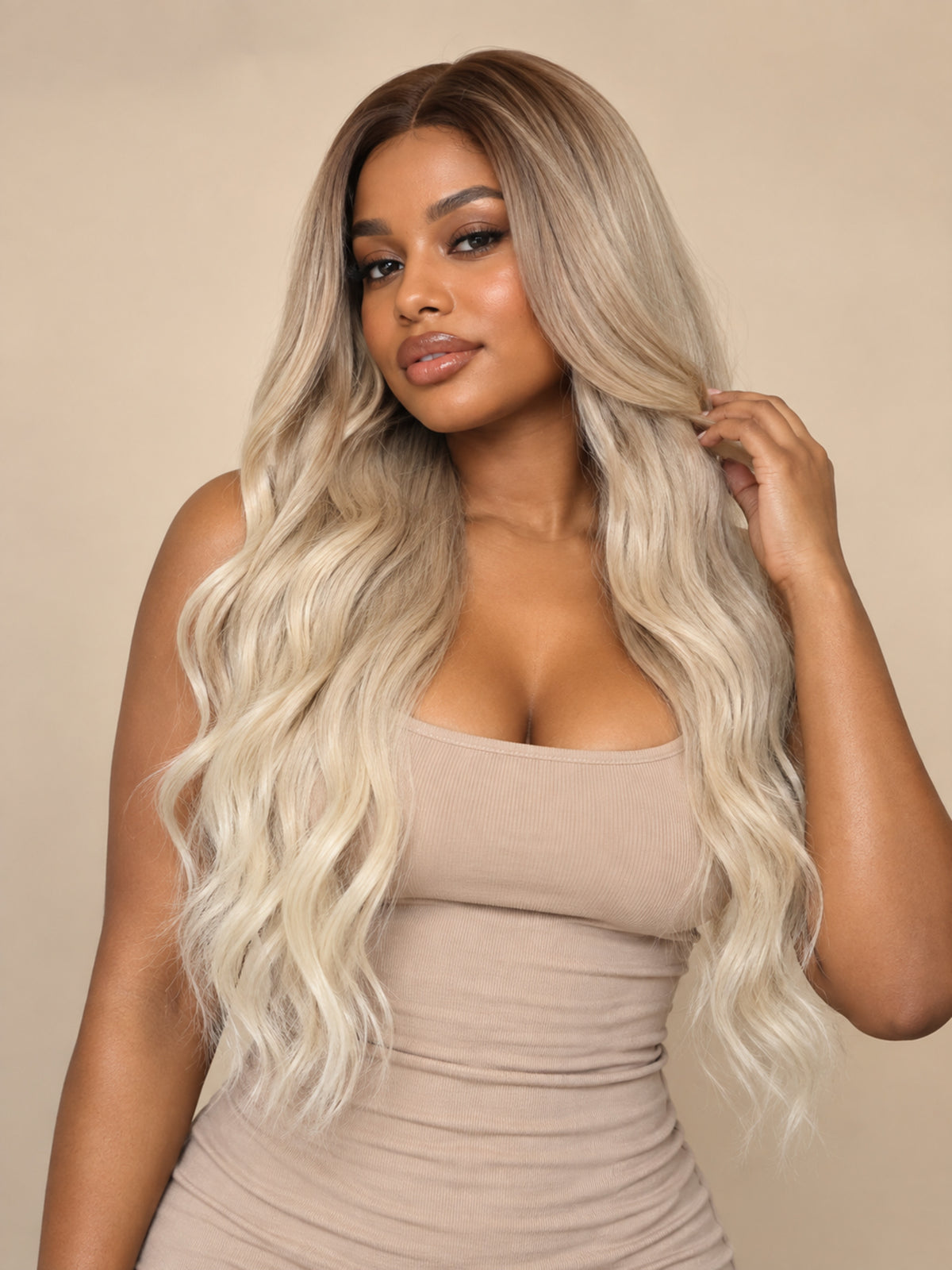 Long Blonde Curly Synthetic Blend Wig with Dark Roots