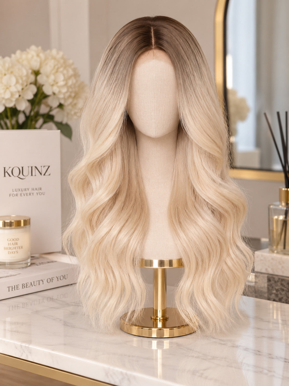Long Blonde Wig with Dark Roots and Highlights – Synthetic Blend
