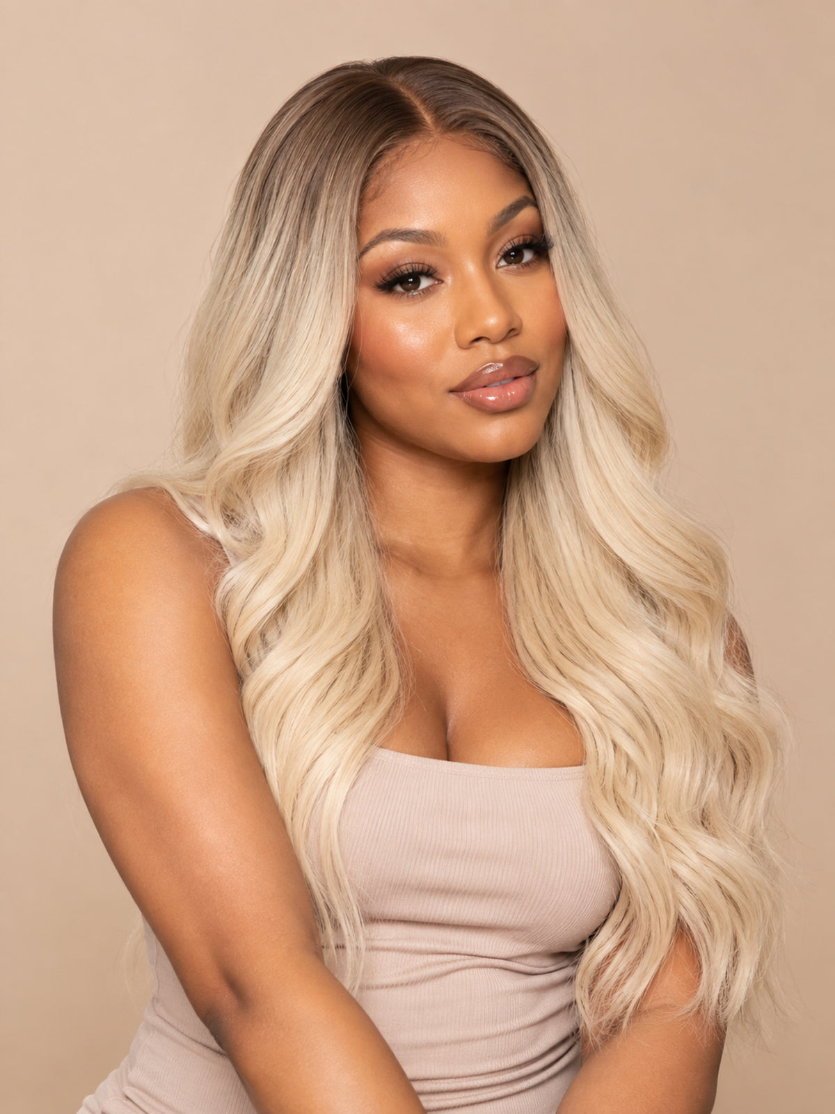 Long Blonde Wig with Dark Roots and Highlights – Synthetic Blend